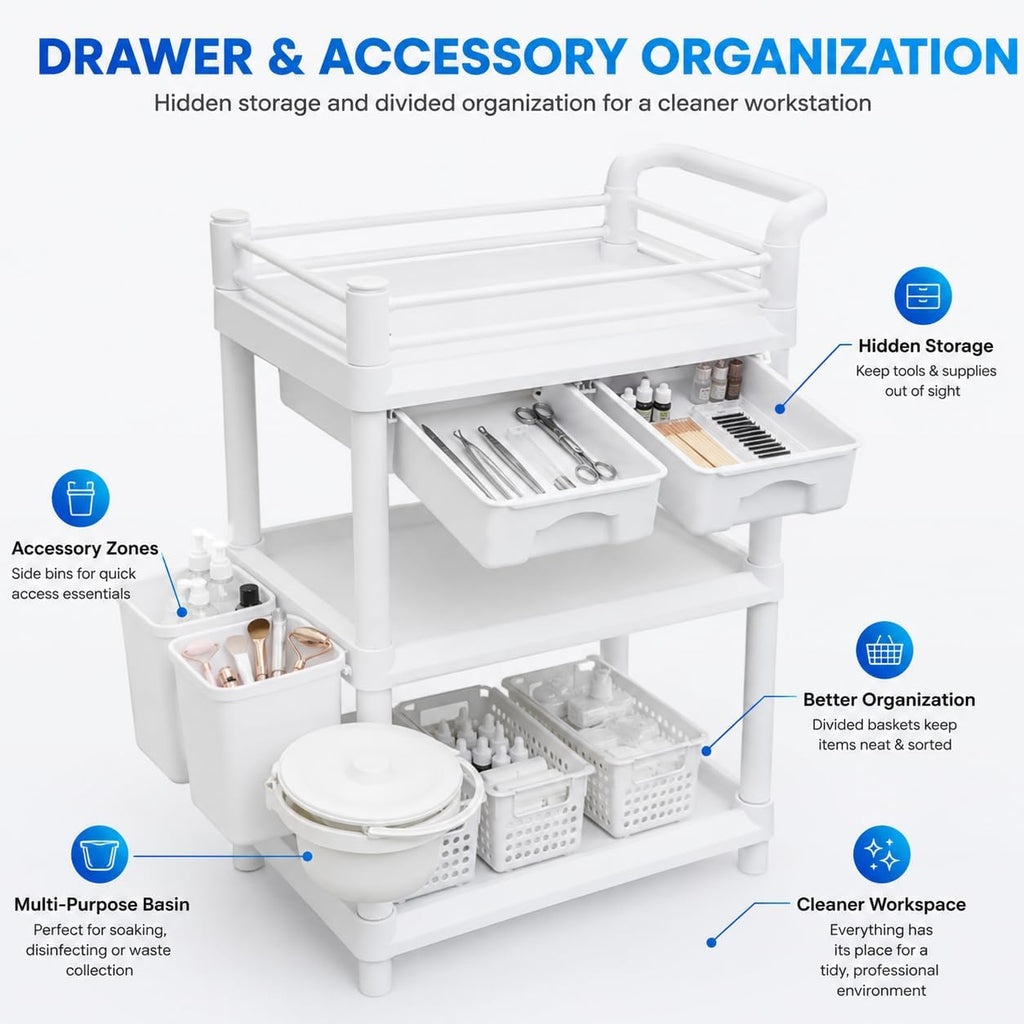 18 x 25 x 40 in Mobile Medical Cart, 3 Tier Professional Utility Cart, 600 LBS ABS Rolling Crash Cart, 2 Drawers, Dirt Bucket, Sharps Box, Storage Basket, 360Â° Wheels for Hospital Dental Clinic