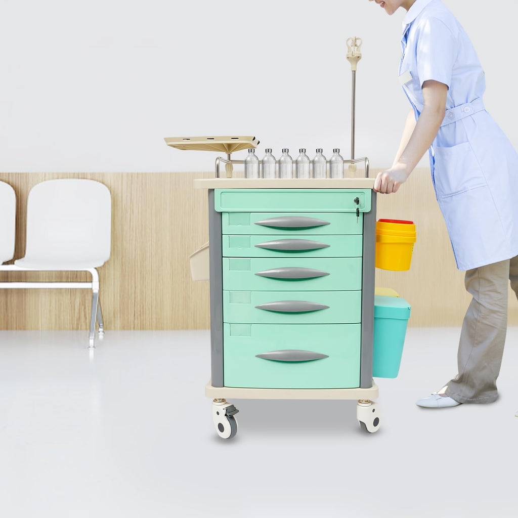 Medical Rolling Crash Cart, Medical Trolley 5 Drawers and Power Strip, Mobile Medical Cart for Clinic, Hospital, Nursing Center, Lockable Storage, Safety Retention Straps, Tag Slots (Blue)