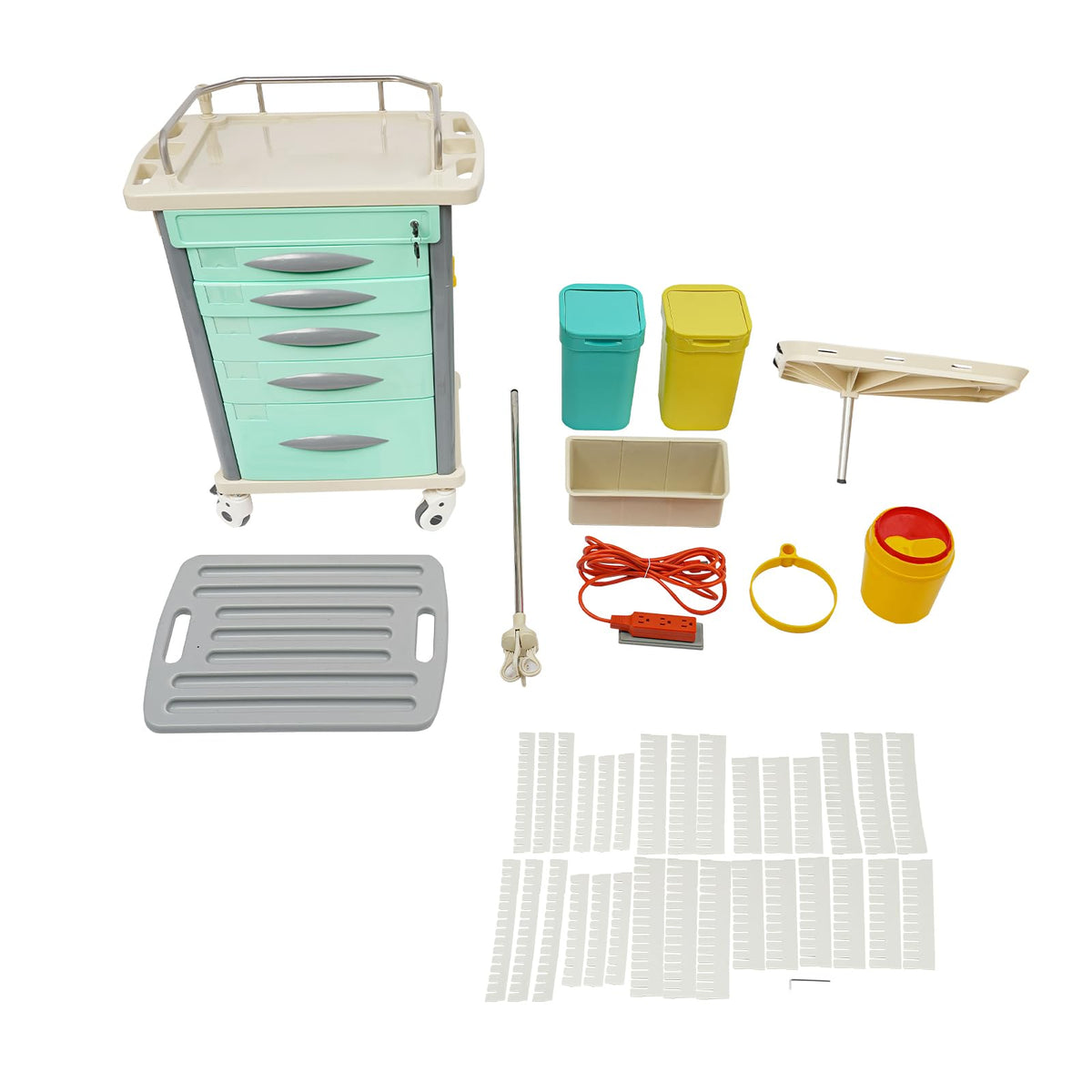 Medical Rolling Crash Cart, Medical Trolley 5 Drawers and Power Strip, Mobile Medical Cart for Clinic, Hospital, Nursing Center, Lockable Storage, Safety Retention Straps, Tag Slots (Blue)