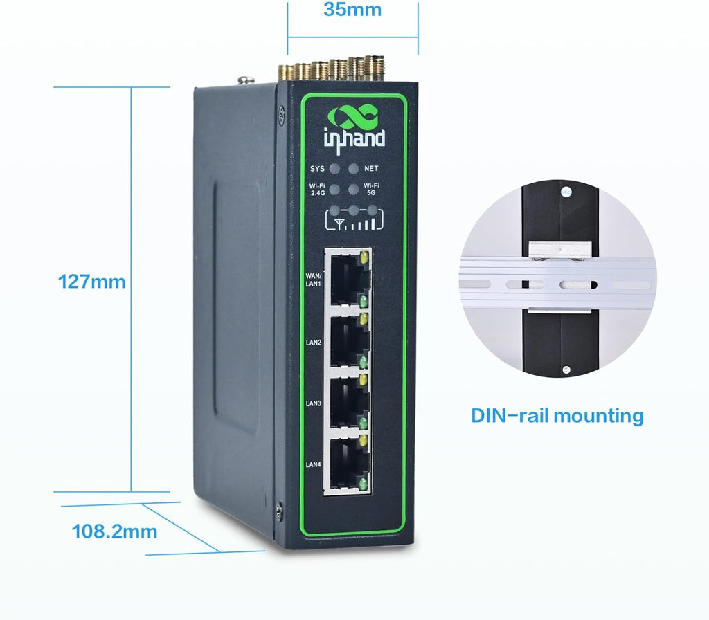 InHand Networks IR624 Industrial 5G Cellular Router | 3.4Gbps Downlink, Dual SIM Failover, 4X Gigabit Ethernet, Wi-Fi 5, VPN Security, Cloud-Managed for IoT, Smart Factory, Remote Monitoring