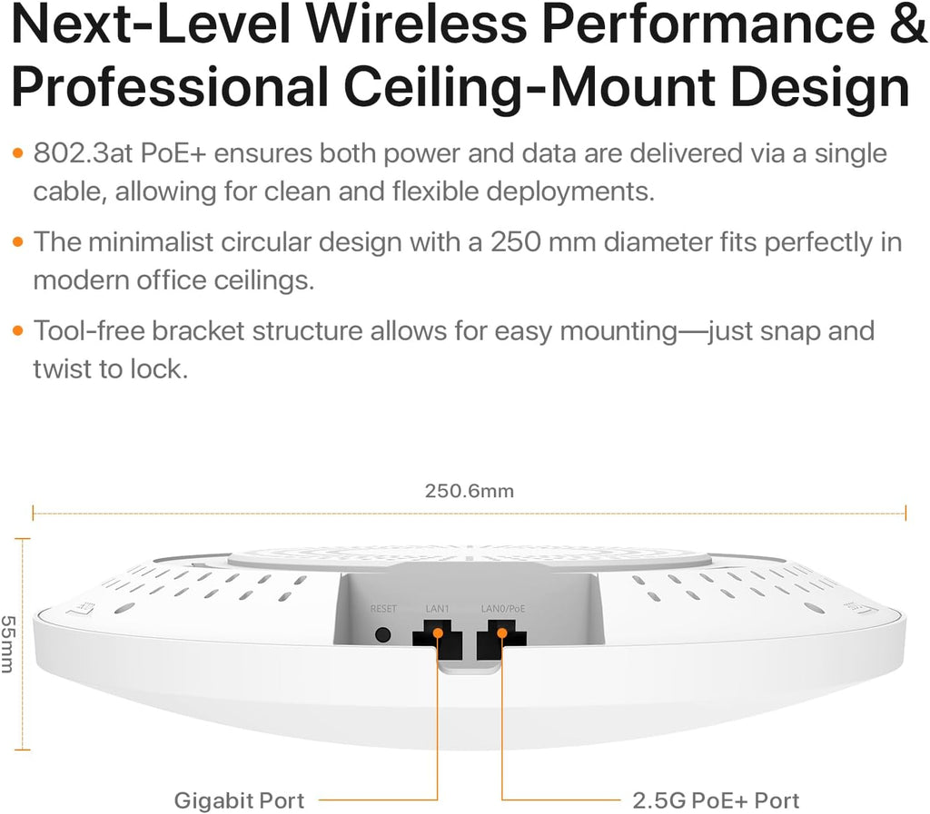 Tenda BE5010 WiFi 7 Wireless Access Point | 2.5G PoE+ Input & 1G LAN Port