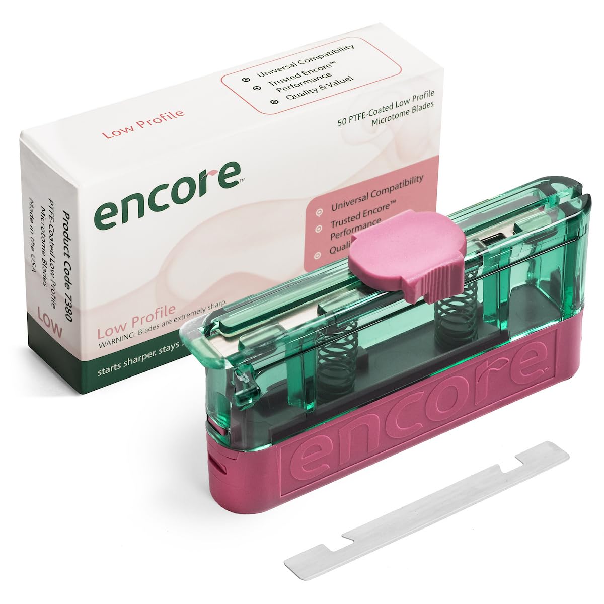 Encore 7380 Premium Low Profile Microtome Blades (Box of 50) Precision Blade for Tissue Sectioning, PTFE-Coated Disposable Blade for Histology Labs, Professional Medical Laboratory Supplies