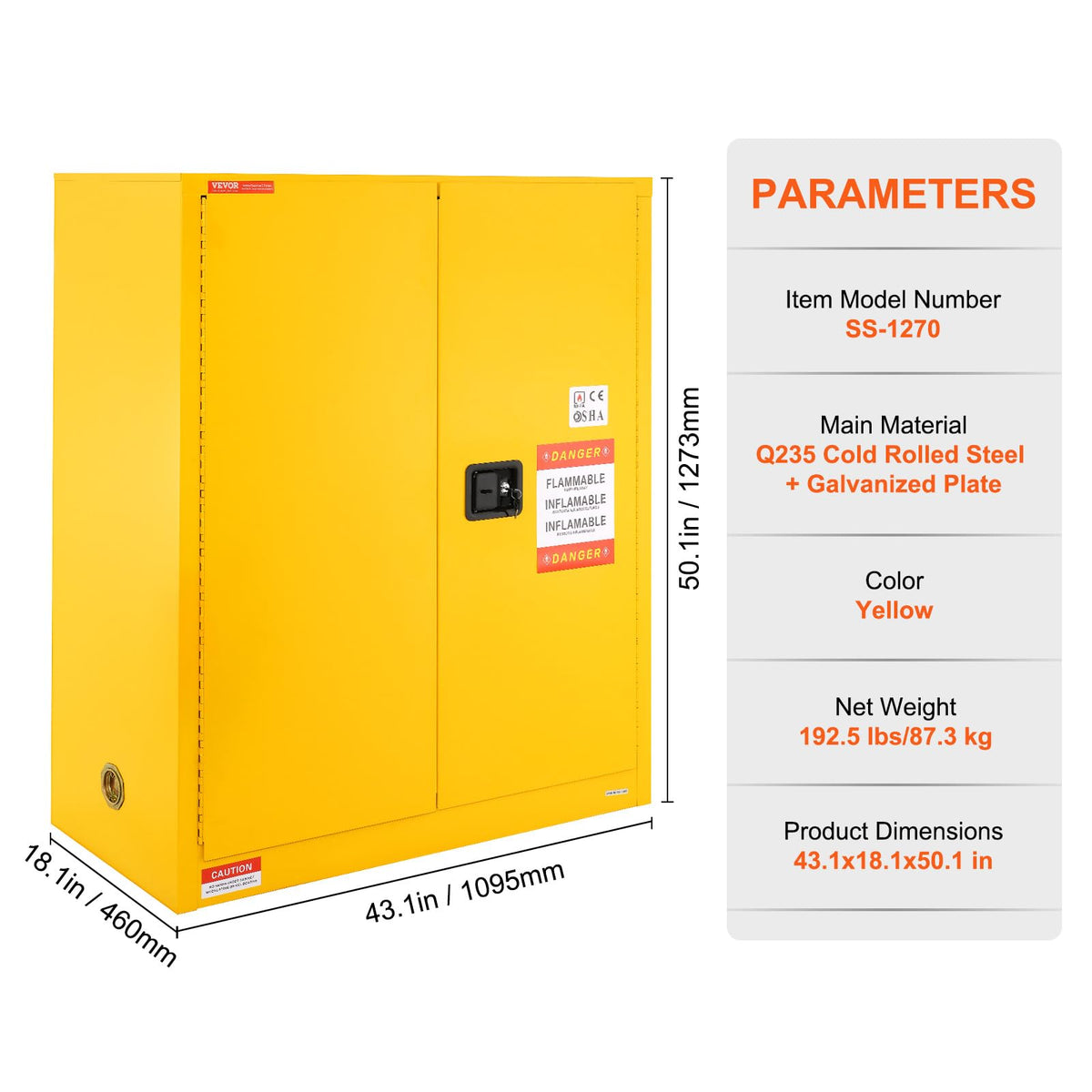 VEVOR Flammable Cabinet, 18" x 18" x 35", Yellow