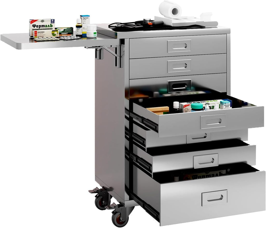 Stainless Steel Medical Dental Cabinet Cart with 7 Drawers, Mobile Storage