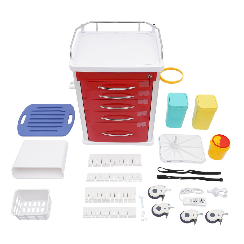 Medical Rolling Crash Cart, Medical Trolley 5 Drawers and Power Strip, Mobile Medical Cart for Clinic, Hospital, Nursing Center, Lockable Storage, Safety Retention Straps, Tag Slots (Blue)