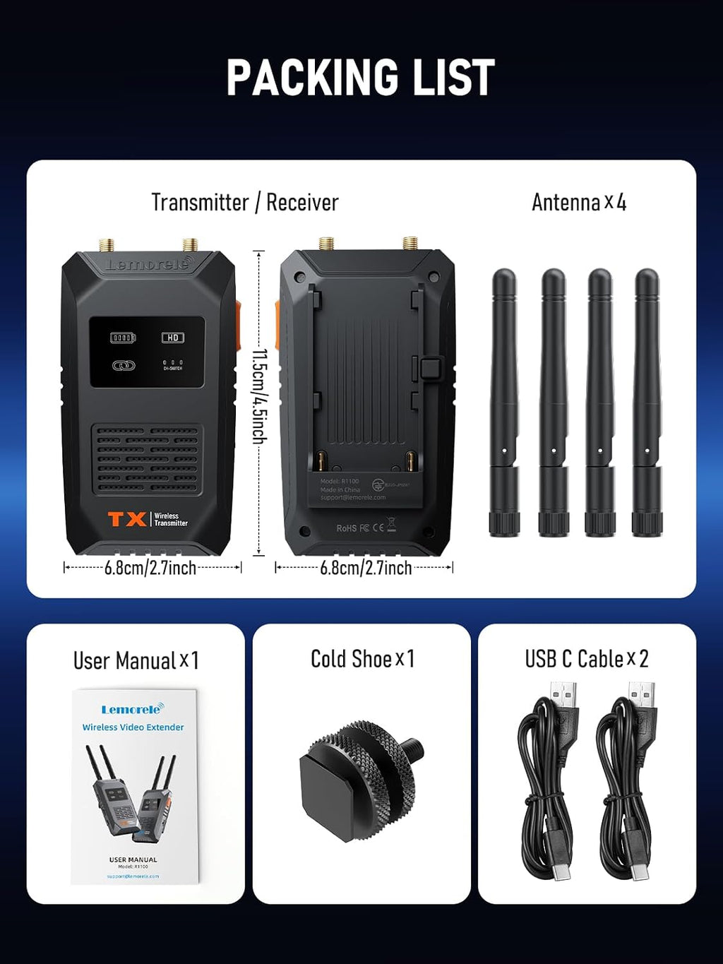 Lemorele R1100 Wireless HDMI Transmitter Receiver Kit 656FT 5G WiFi 1TX 1RX