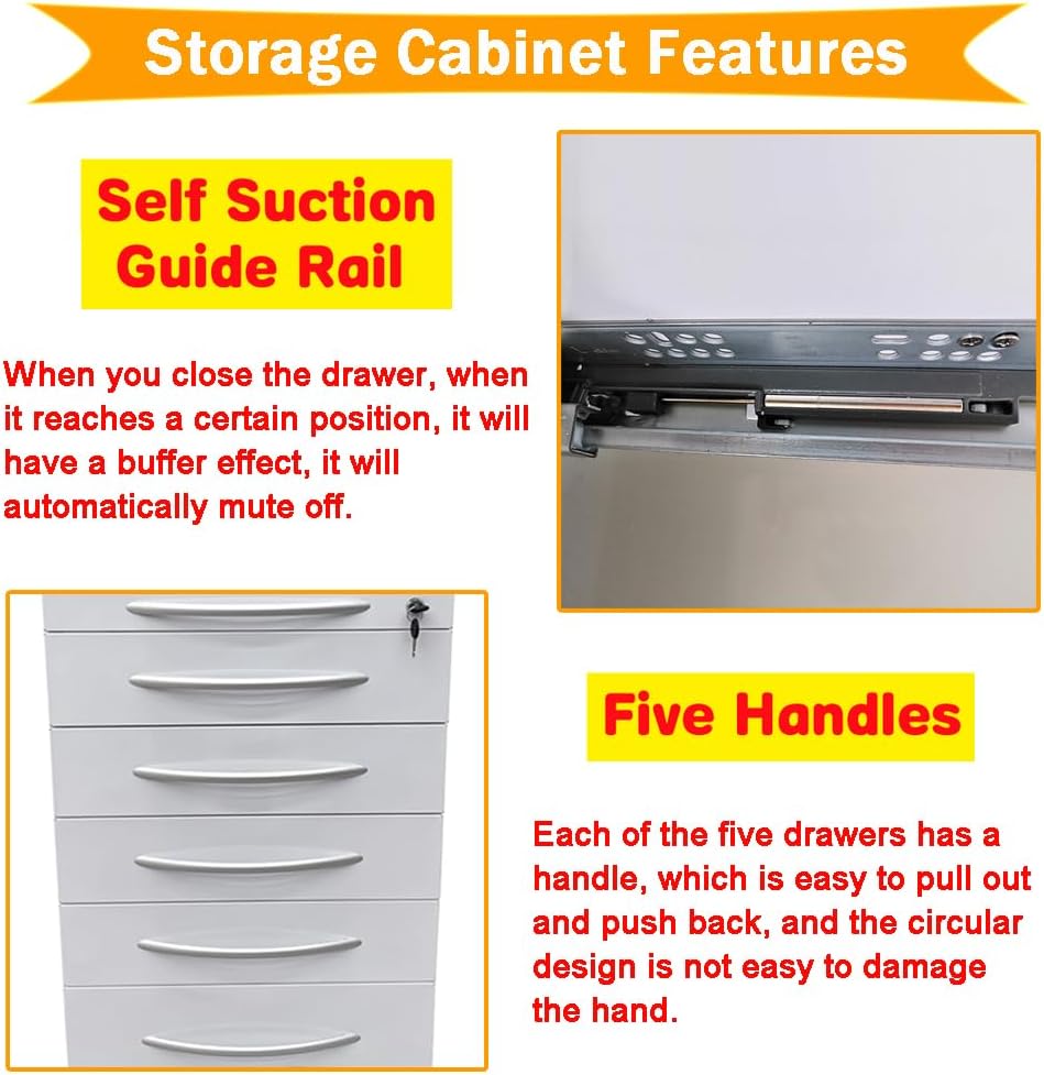 5 Drawer Dental Assistant's Mobile Cabinet Mobile Utility Storage Cart Office File Storage Cart Stainless Steel Moving Side Cabinet with Lock Wheels for Dental Medical Office Home