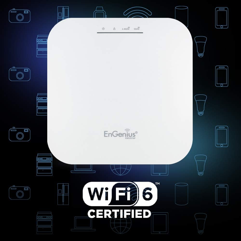 EnGenius EWS357AP WiFi 6 AX1800 2x2 Gigabit Wireless Access Point with 1Gbps Port, OFDMA, MU-MIMO, PoE+, WPA3, 1GB RAM, License-Free Management Tools (Power Adapter Not Included)