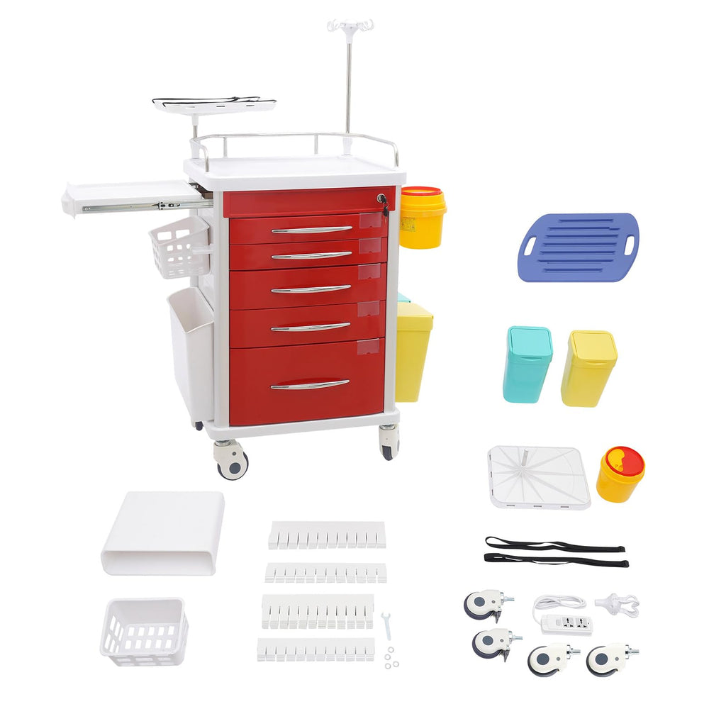 Medical Rolling Storage Crash Cart with Wheels & 5 Drawers, Hospital Mobile Ultrasound Med Cart with Power Strip, Needle Disposal,O2 Holder,Nursing Emergency Cart for Hospital, Clinic (Blue)