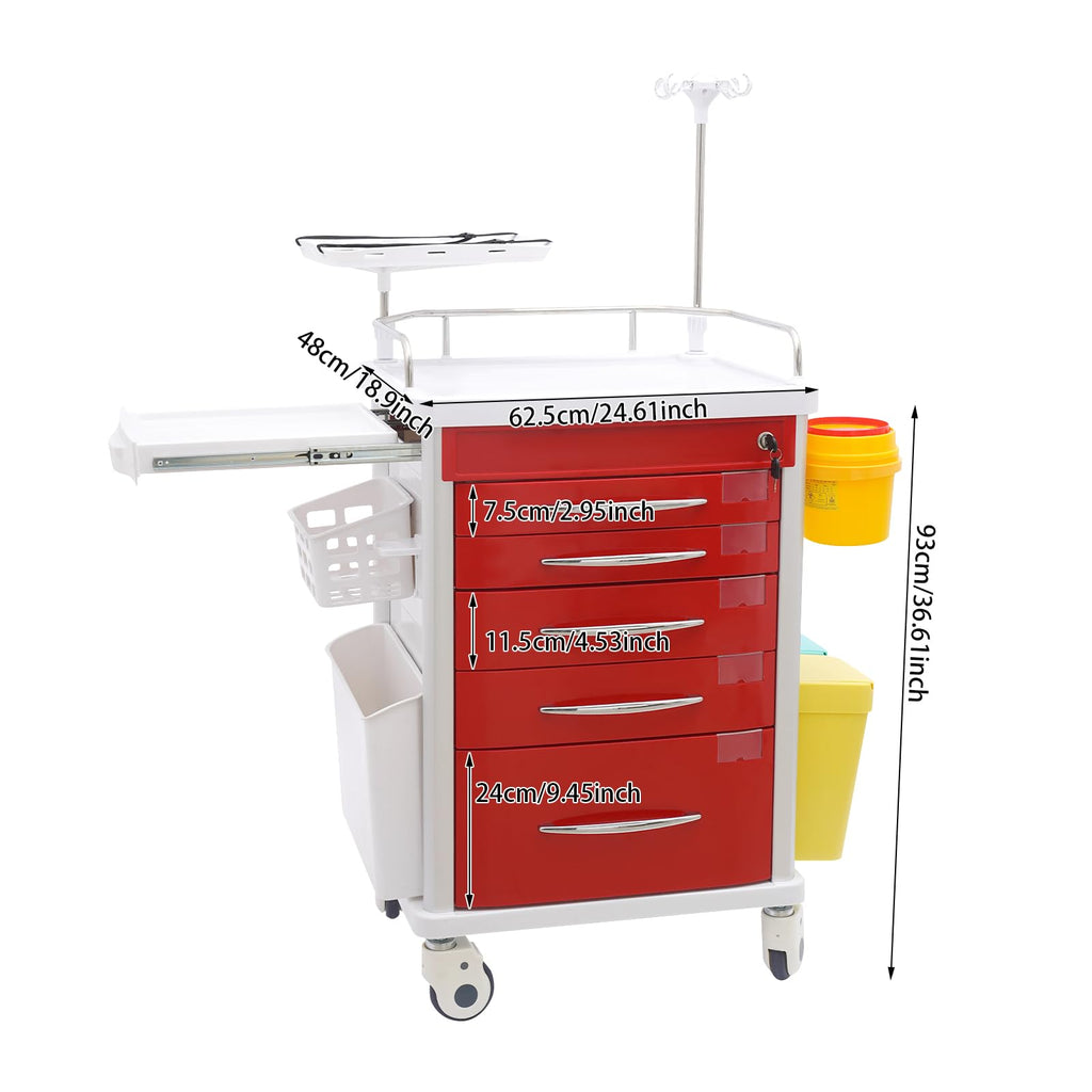 Medical Rolling Crash Cart, Medical Trolley 5 Drawers and Power Strip, Mobile Medical Cart for Clinic, Hospital, Nursing Center, Lockable Storage, Safety Retention Straps, Tag Slots (Blue)