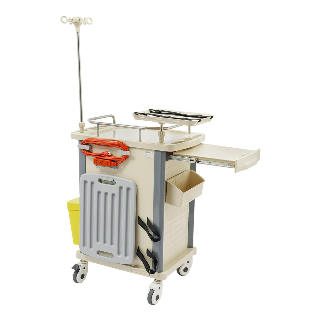 Medical Rolling Crash Cart, Medical Trolley 5 Drawers and Power Strip, Mobile Medical Cart for Clinic, Hospital, Nursing Center, Lockable Storage, Safety Retention Straps, Tag Slots (Blue)