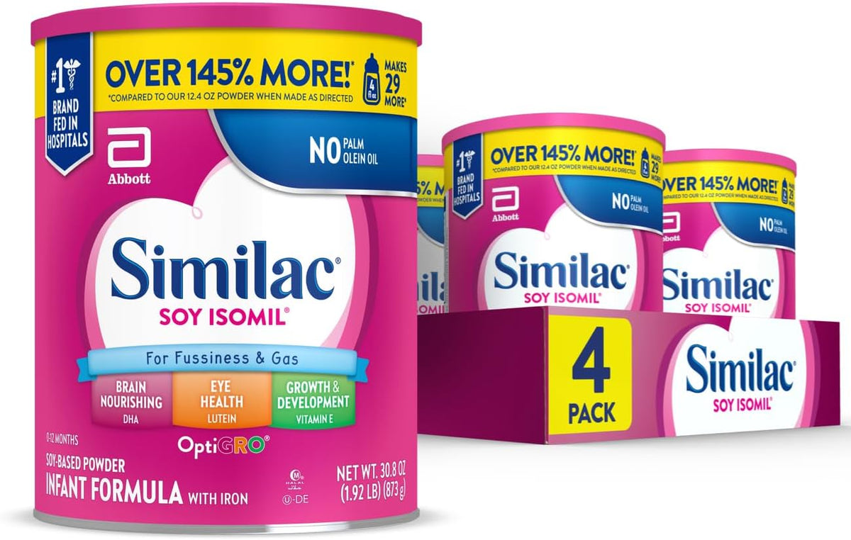 Similac Soy Isomil Infant Formula, for Fussiness & Gas, Plant-Based Protein, Infant Formula Powder, 30.8-oz Value Can, Pack of 4