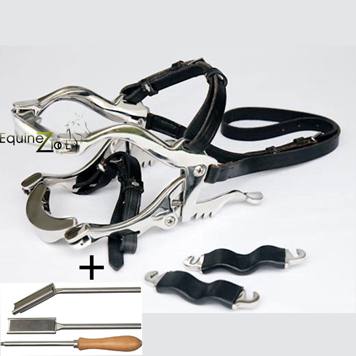 Equine Dental Kit Set â Full Mouth McPherson Speculum with Leather Straps, Horse Mouth Gag & Float Set â Stainless Steel Dental Tools for Horses, Veterinary Use, Equine Dentistry Instruments
