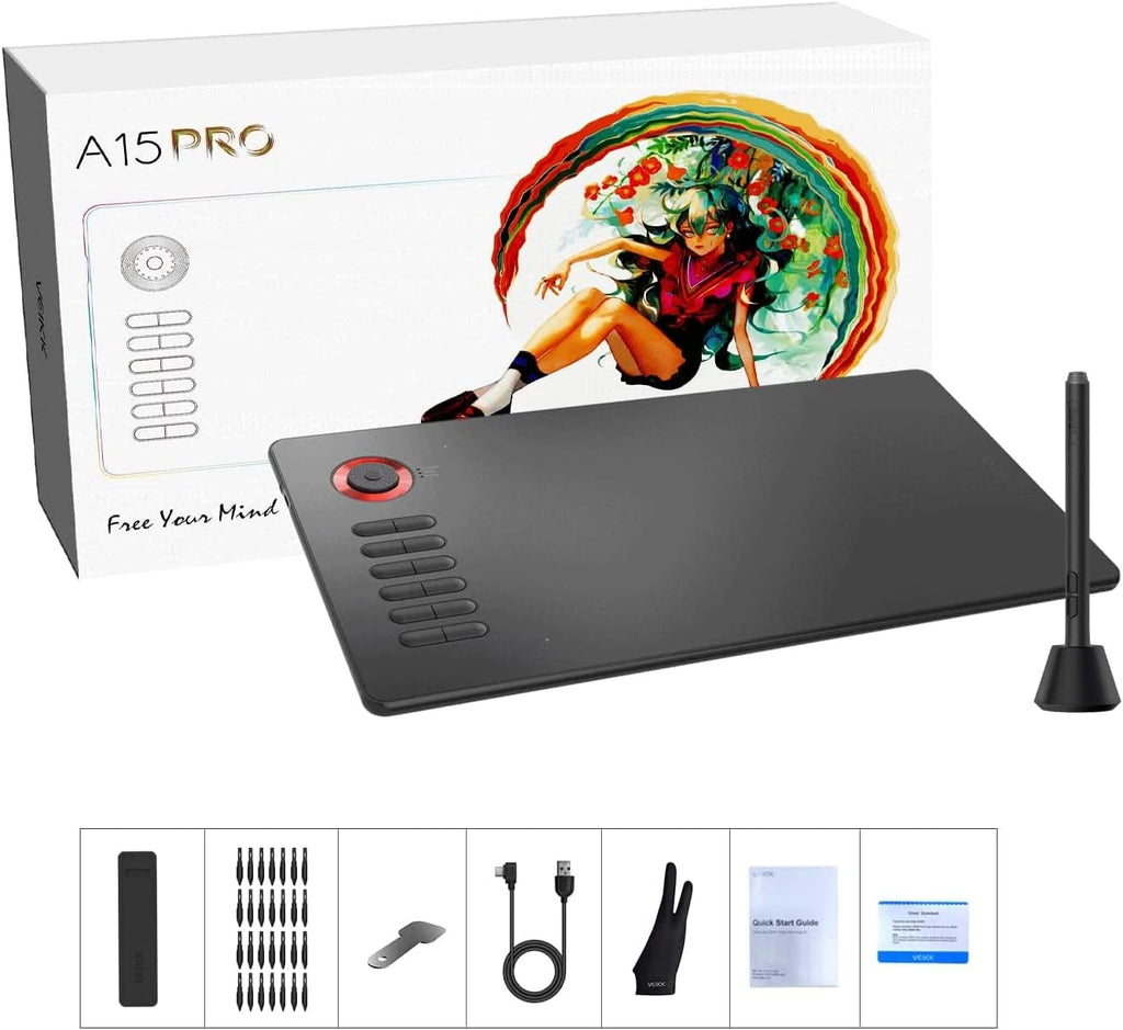Digital Drawing Tablet VEIKK A15Pro Graphics Pen Tablet 10 x 6 Inch Graphics Tablet with 12 Shortcut Keys and 1 Quick Dial,Supports Tilt Function,for MAC/Win/Linux/Android OS (RED)