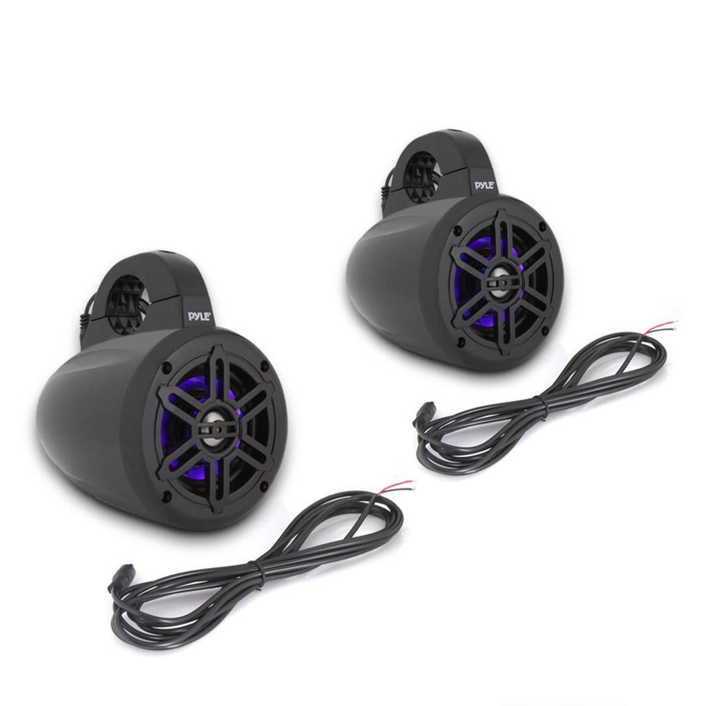 Pyle Waterproof Marine Wakeboard Tower Speakers - 4in Dual Subwoofer Speaker Set w/LED Lights & Bluetooth for Wireless Music Streaming - Boat Audio System w/Mounting Clamps PLMRLEWB47WB (White)