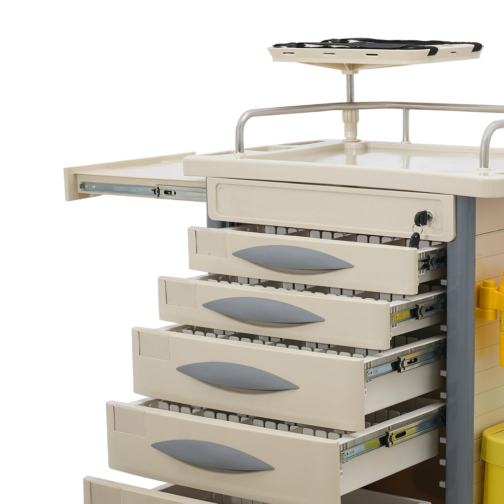 Medical Rolling Crash Cart, Medical Trolley 5 Drawers and Power Strip, Mobile Medical Cart for Clinic, Hospital, Nursing Center, Lockable Storage, Safety Retention Straps, Tag Slots (Blue)