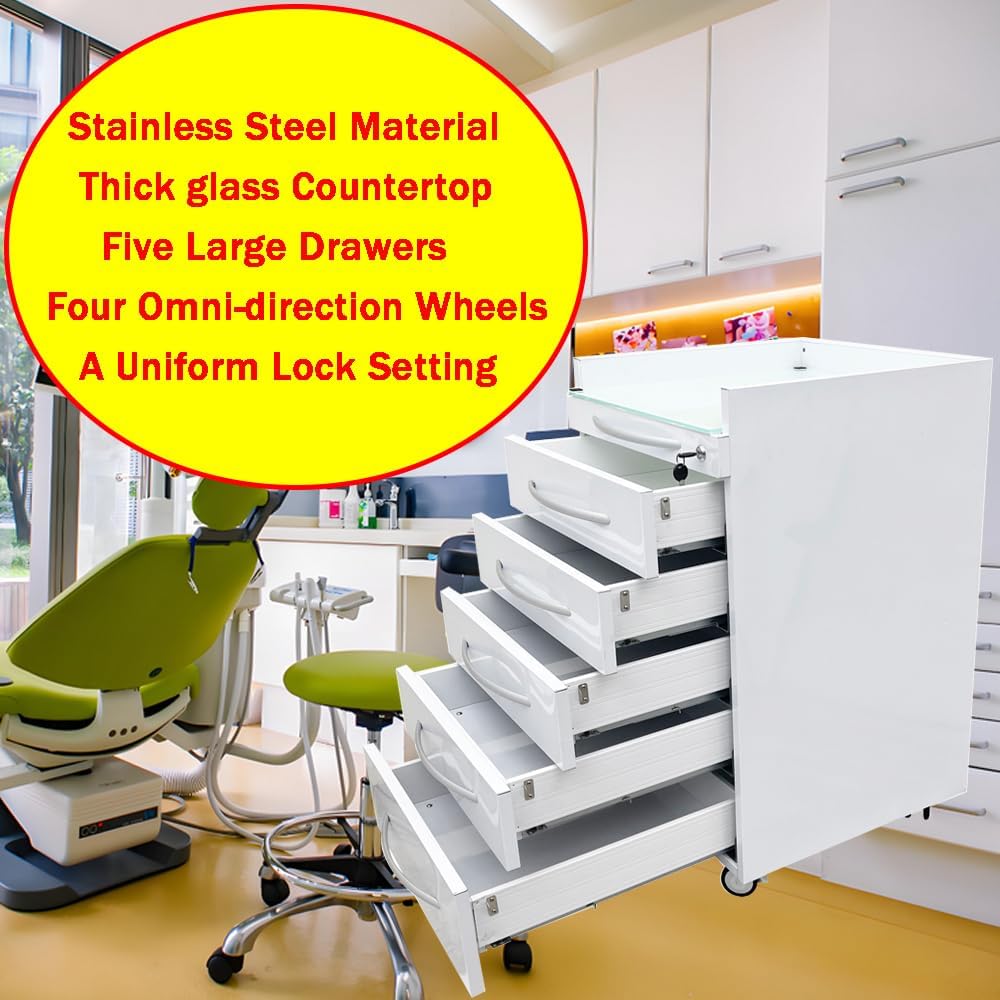 5 Drawer Dental Assistant's Mobile Cabinet Mobile Utility Storage Cart Office File Storage Cart Stainless Steel Moving Side Cabinet with Lock Wheels for Dental Medical Office Home