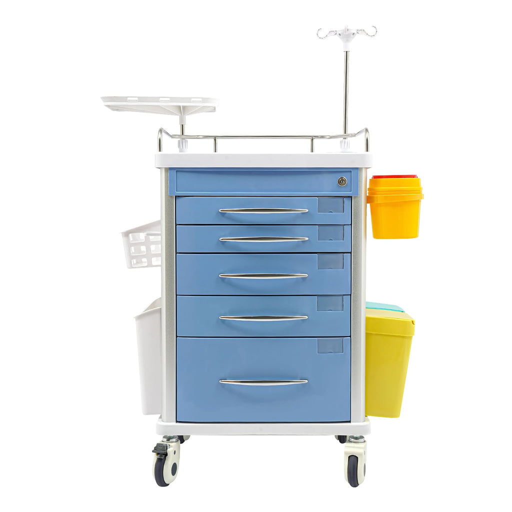 Medical Rolling Crash Cart with Accessories-CPR Board, 2 Trash Bin, Power Strip, Drawers with Dividers, Mobile Medical Cart for Clinic, Hospital, Nursing Center, Salon, 29.53 * 18.7 * 37.4in (Red)