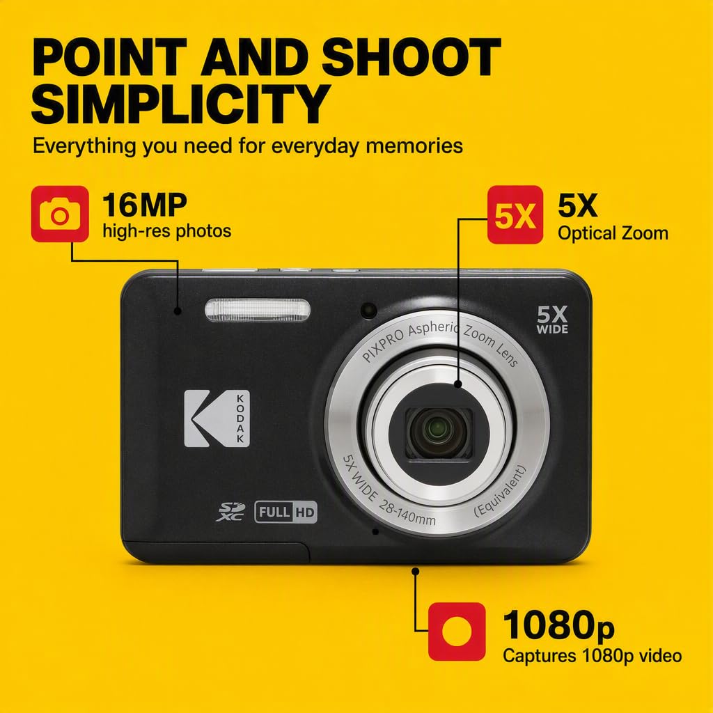 Kodak PIXPRO FZ55 Red 16MP CMOS Sensor Digital Camera 5X Optical Zoom 28mm Wide Angle 1080P Full HD Video 2.7" LCD Vlogging Camera Bundle with Tudak Compatible Case, 32GB SD Card & Microfiber Cloth