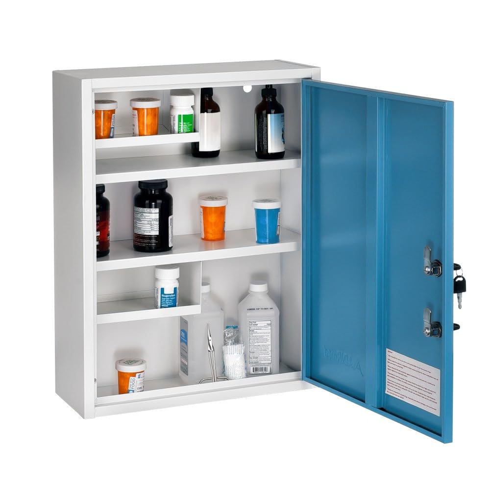 AdirMed Locking Medicine Cabinet Wall Mounted First Aid Cabinet with Lock, Lockable Wall Medicine Cabinet with Dual Lock and Dual Keys, 21" H x 16" W x 6" D, White