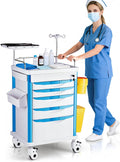 Crash Cart Medical ABS Material, Medical Cart with Drawers, Adjustable IV Pole, Silent Casters, Trash Bins, O2 Holder, Needle Disposal Holder, CPR Board, Nursing Cart for Hospital Clinic
