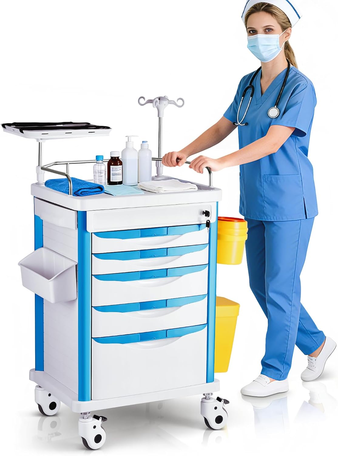 Crash Cart Medical ABS Material, Medical Cart with Drawers, Adjustable IV Pole, Silent Casters, Trash Bins, O2 Holder, Needle Disposal Holder, CPR Board, Nursing Cart for Hospital Clinic