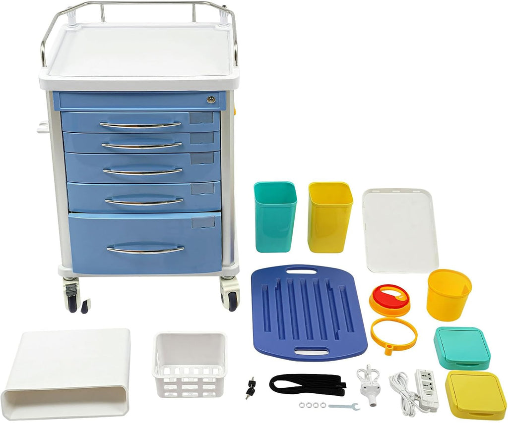Medical Rolling Crash Cart, Medical Trolley 5 Drawers and Power Strip, Mobile Medical Cart for Clinic, Hospital, Nursing Center, Lockable Storage, Safety Retention Straps, Tag Slots (Blue)