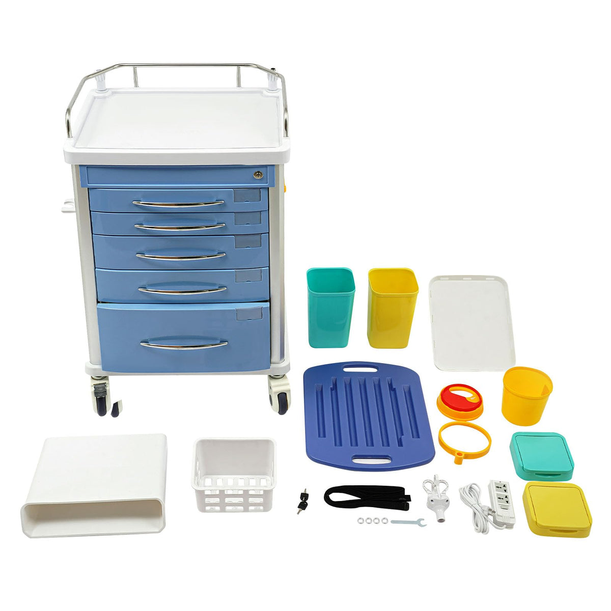 Medical Rolling Crash Cart, Medical Trolley 5 Drawers and Power Strip, Mobile Medical Cart for Clinic, Hospital, Nursing Center, Lockable Storage, Safety Retention Straps, Tag Slots (Blue)