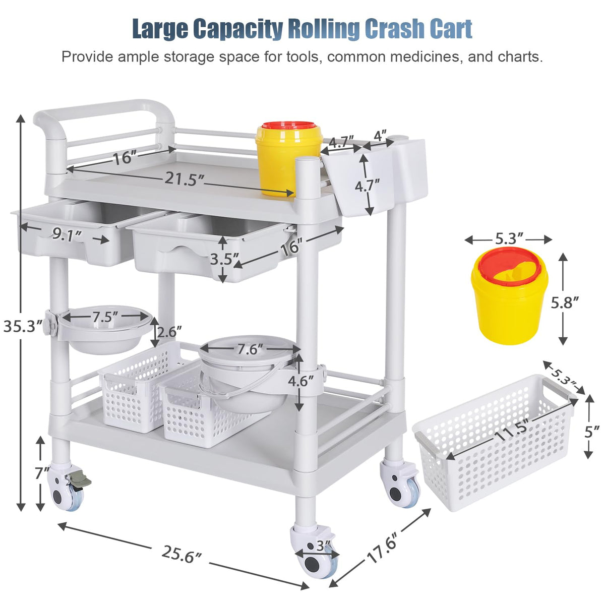 Mobile Medical Cart 3-Tier Professional Utility Cart 330 LBS Max Load