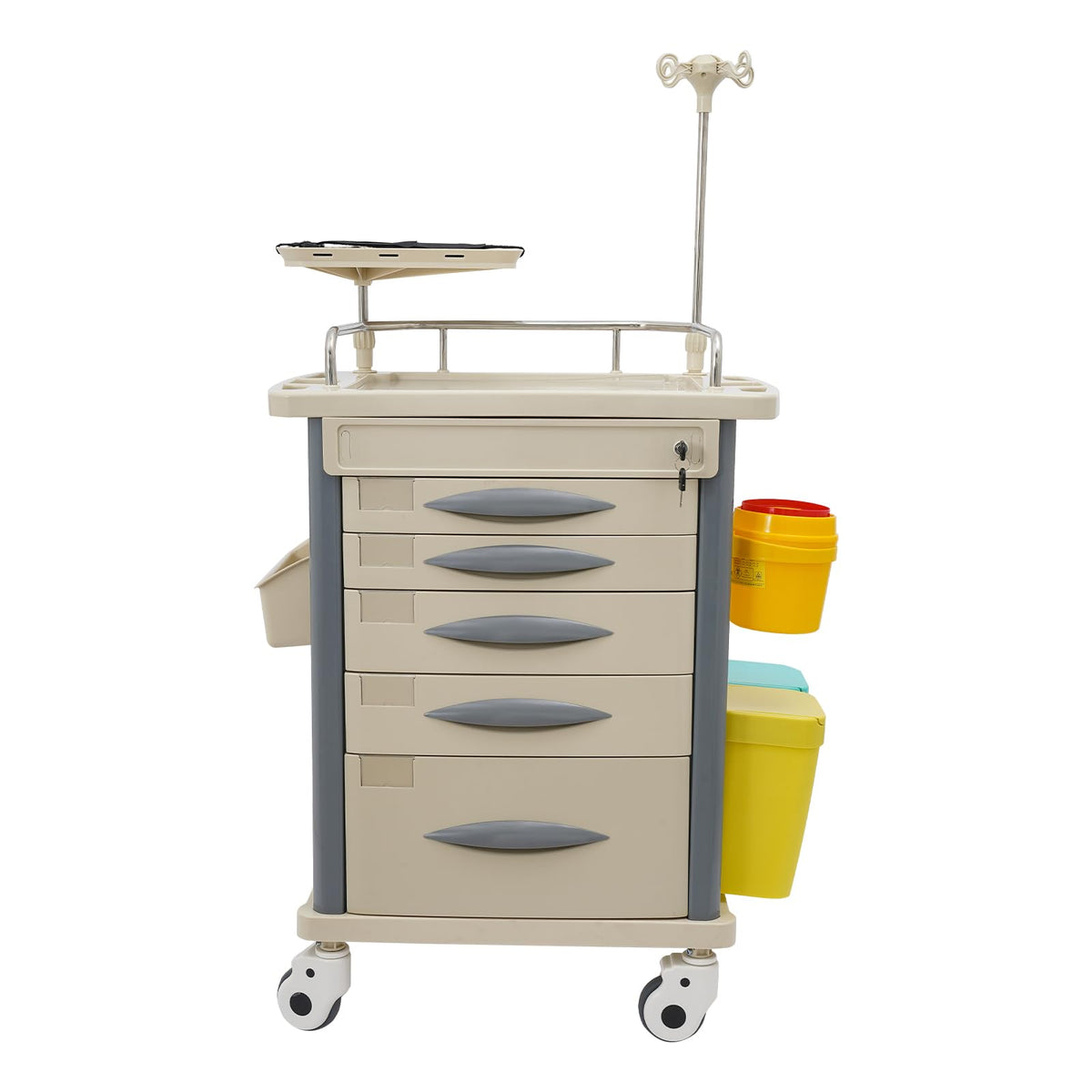 Medical Rolling Crash Cart with Accessories-CPR Board, 2 Trash Bin, Power Strip, Drawers with Dividers, Mobile Medical Cart for Clinic, Hospital, Nursing Center, Salon, 29.53 * 18.7 * 37.4in (Red)