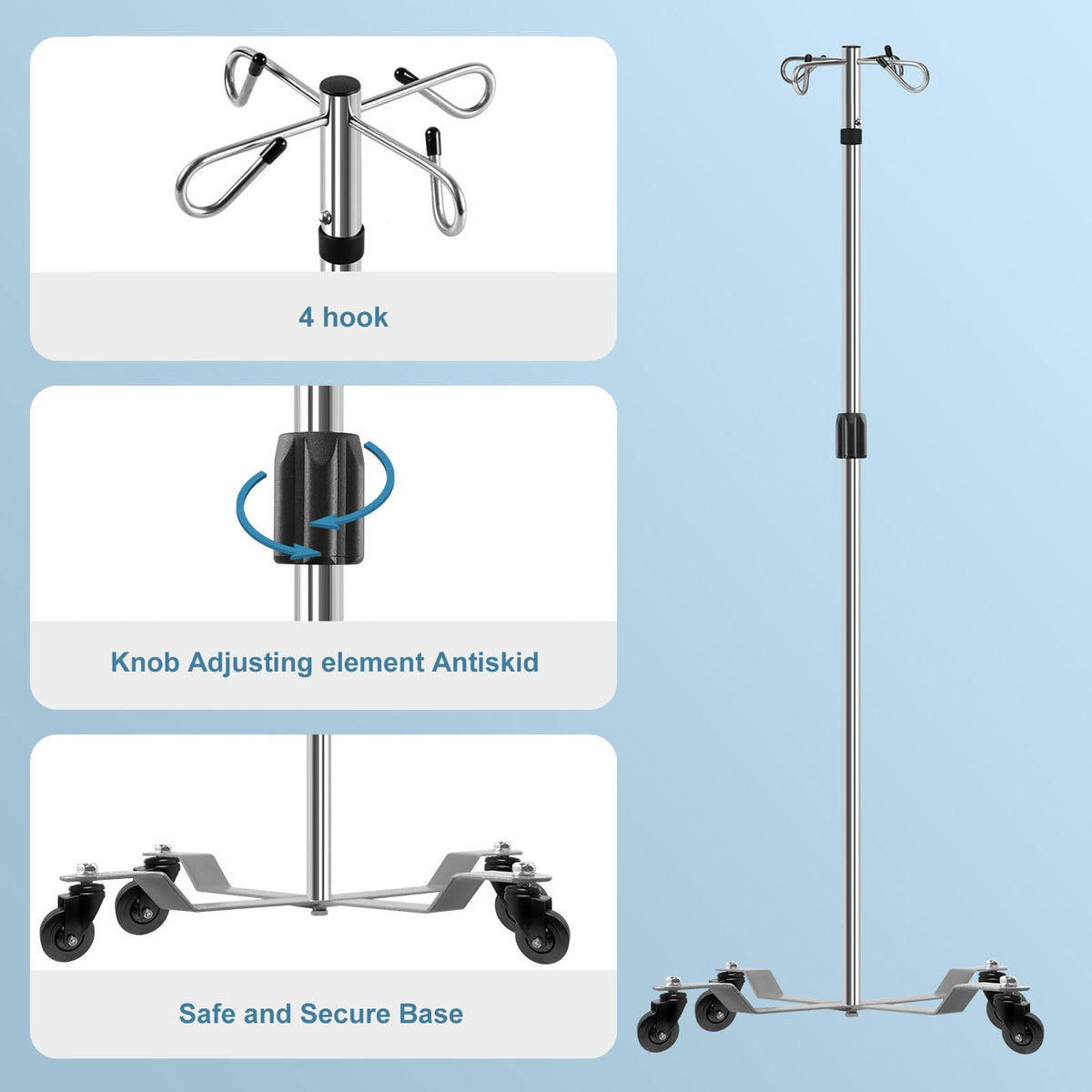 IV Poles with Wheels IV Stands 2 Hooks 5 Legs Rolling Base with Heavy Duty Stainless Steel, Adjustable Height,2PCS/2Pack