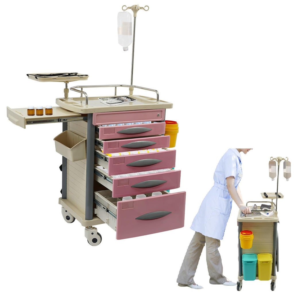 Medical Rolling Crash Cart, Medical Trolley 5 Drawers and Power Strip, Mobile Medical Cart for Clinic, Hospital, Nursing Center, Lockable Storage, Safety Retention Straps, Tag Slots (Blue)