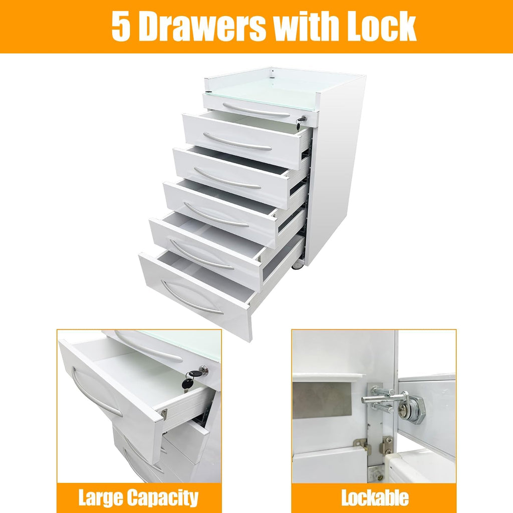 TECHTONGDA Dental Assistant's Mobile Cabinet 5 Drawer Medical Dental Mobile Cart, Stainless Steel Moving Storage Cabinet Utility Cart with Lock and 4 Casters for Office Clinic Hospital