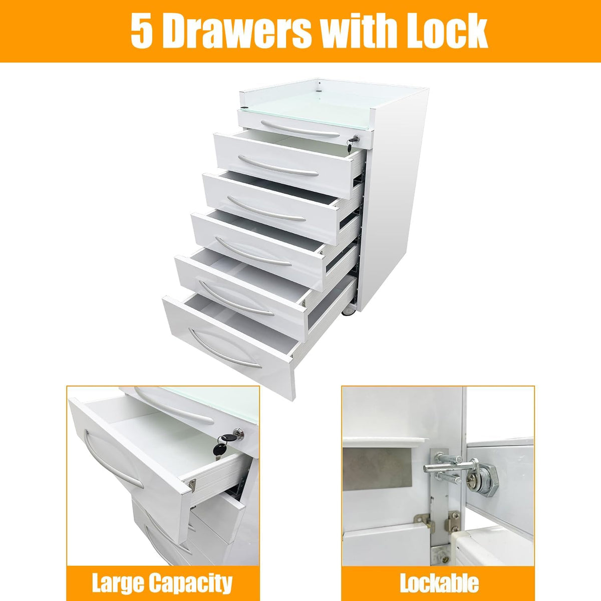 TECHTONGDA Dental Assistant's Mobile Cabinet 5 Drawer Medical Dental Mobile Cart, Stainless Steel Moving Storage Cabinet Utility Cart with Lock and 4 Casters for Office Clinic Hospital