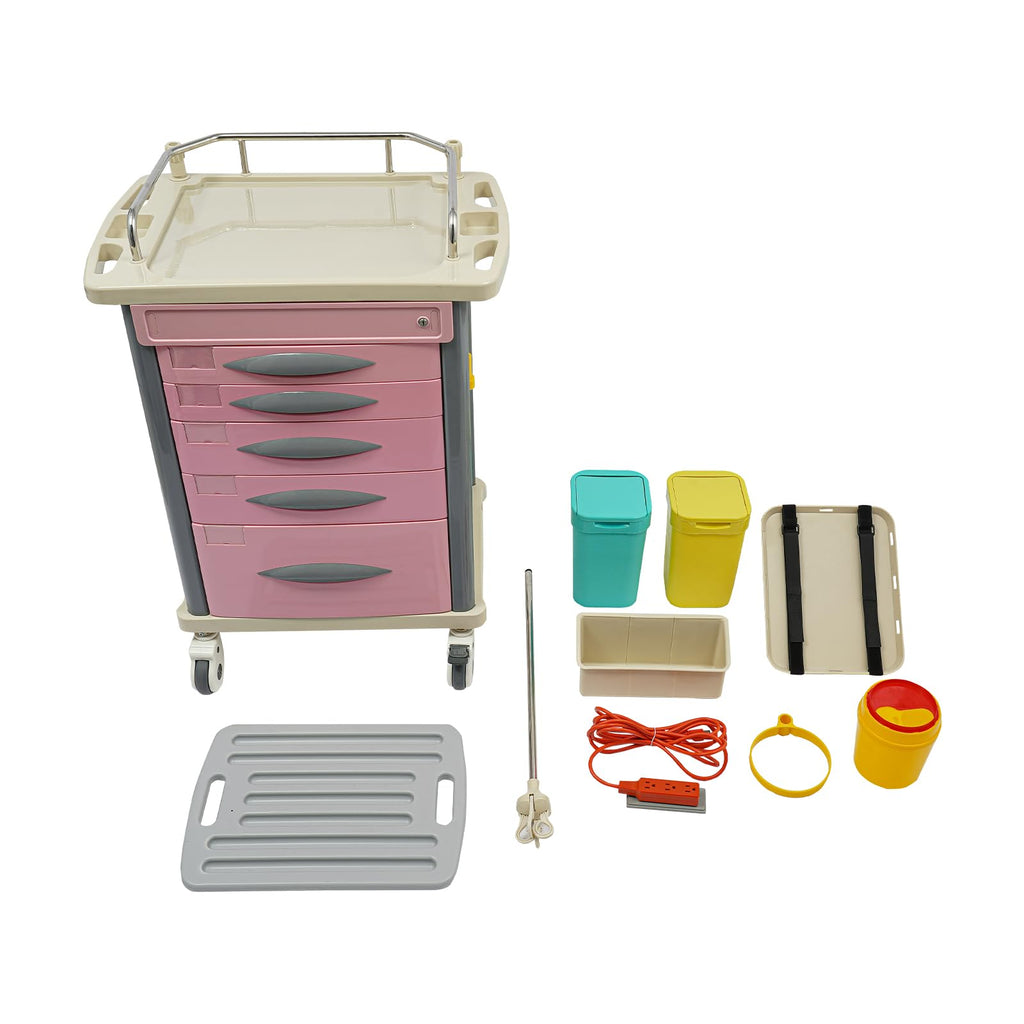 Medical Rolling Crash Cart, Medical Trolley 5 Drawers and Power Strip, Mobile Medical Cart for Clinic, Hospital, Nursing Center, Lockable Storage, Safety Retention Straps, Tag Slots (Blue)