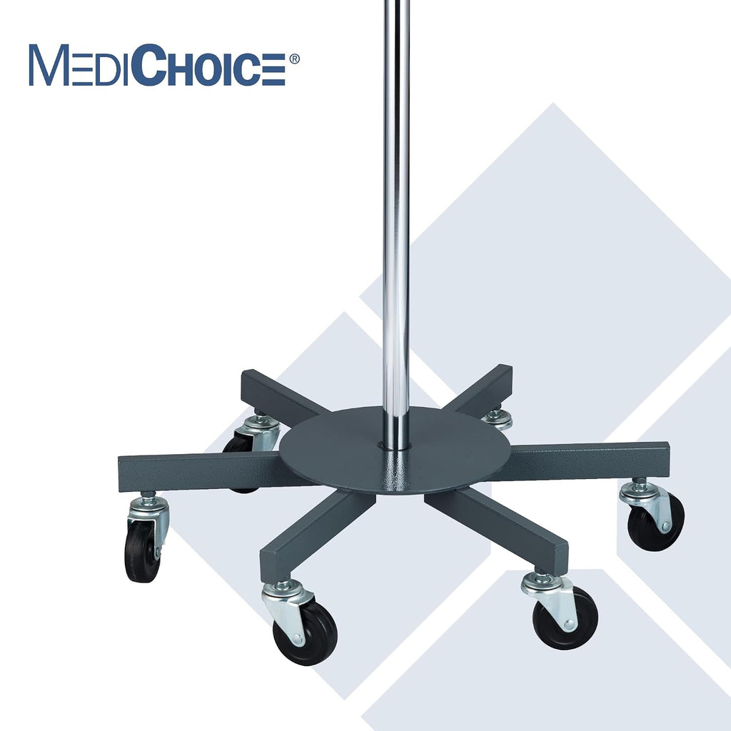 MediChoice Rolling IV Pole Rolling 4 Hook, 6-Leg Base, 45 lb Load, Adjustable 52-90 Inches, Chrome Plated Steel, 360Â° Casters, 1 Each