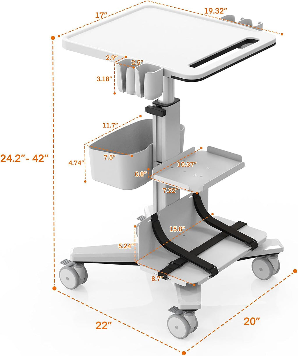 Medical Trolley Cart with Aluminum Alloy Frame, Oral Scanner Holder, Height Adjustable Workstation, 4 Locking Casters, Easy Assembly, Storage Basket for Dental Clinic, Medical Office and Beauty Salon