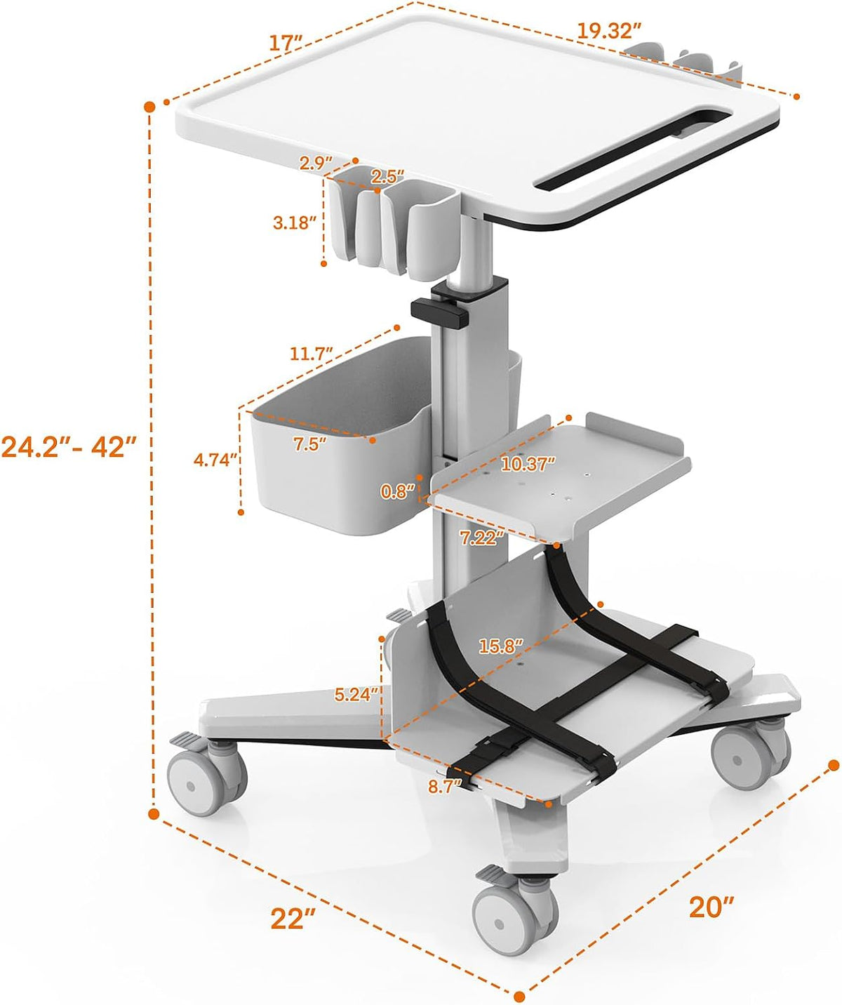 Medical Trolley Cart with Aluminum Alloy Frame, Oral Scanner Holder, Height Adjustable Workstation, 4 Locking Casters, Easy Assembly, Storage Basket for Dental Clinic, Medical Office and Beauty Salon