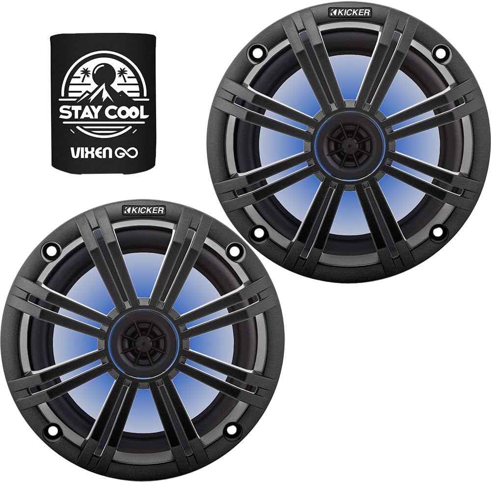 KICKER 8" Marine Speakers (1 Pair) OEM Replacement Coaxial Speakers for Boat with Charcoal Grille and LED Lights 4-ohm. Water and Weather Resistant