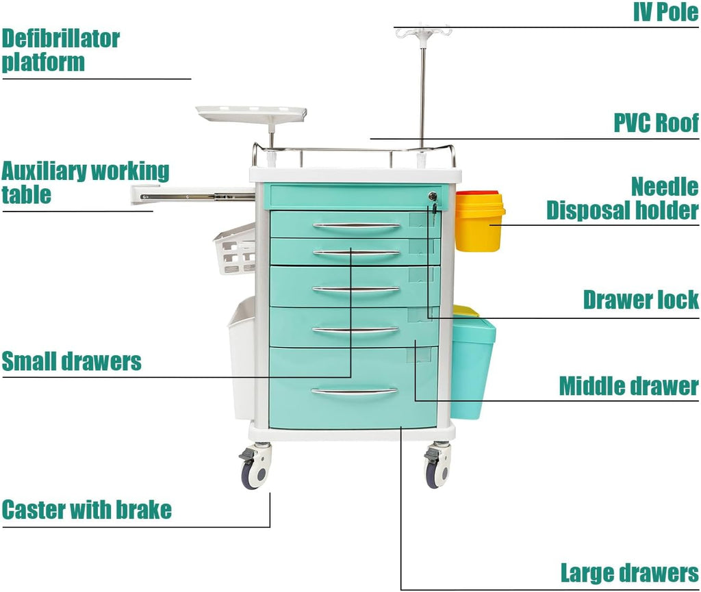 Medical Rolling Crash Cart with Wheels-CPR Board, IV Pole, O2 Holder, Trash Bin, Silent Casters, 5 Drawers with Dividers, Emergency Cart for Clinic, Hospital, Nursing Center (Green)