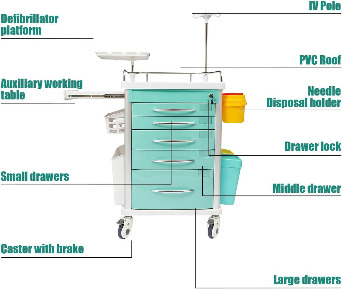 Medical Rolling Crash Cart with Wheels-CPR Board, IV Pole, O2 Holder, Trash Bin, Silent Casters, 5 Drawers with Dividers, Emergency Cart for Clinic, Hospital, Nursing Center (Green)