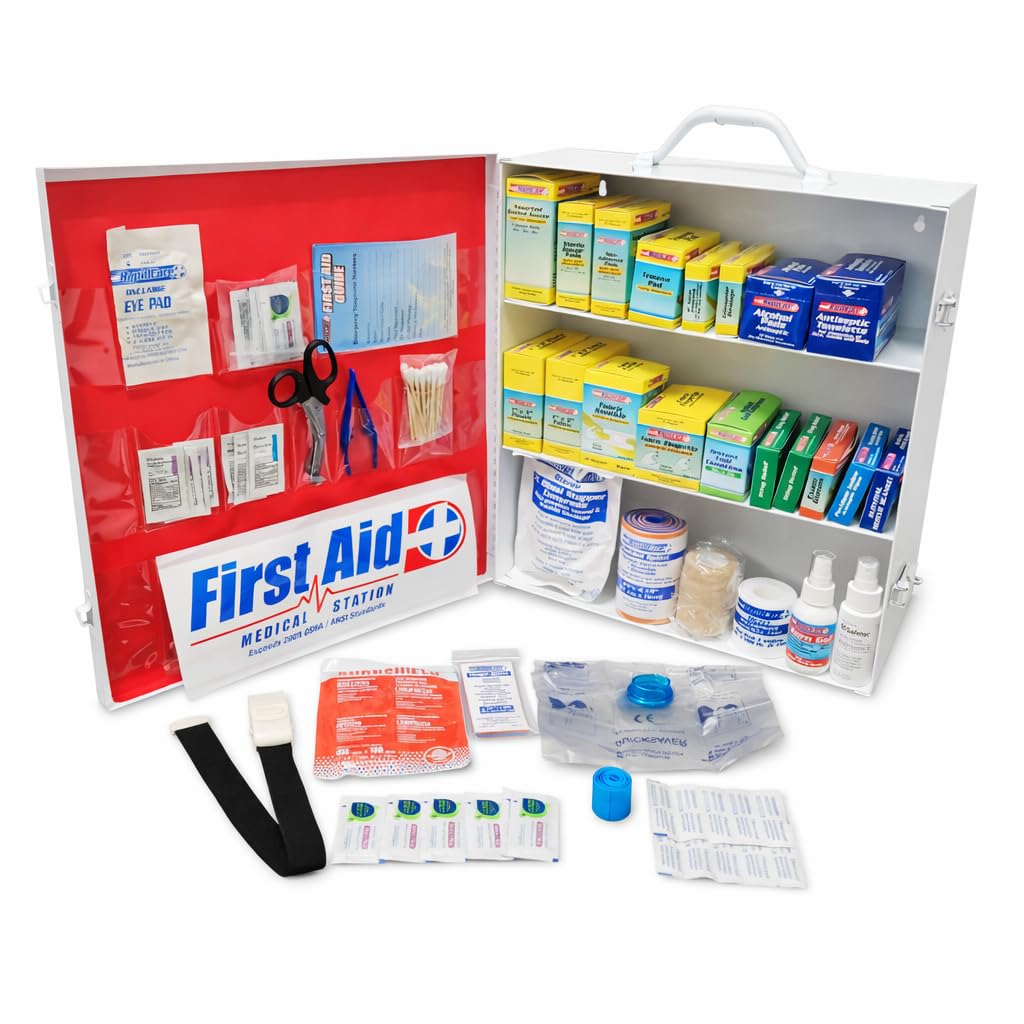Rapid Care First Aid 80098 3 Shelf All Purpose First Aid Kit Cabinet, Class A+, Exceeds OSHA/ANSI Z308.1 2015, Wall Mountable