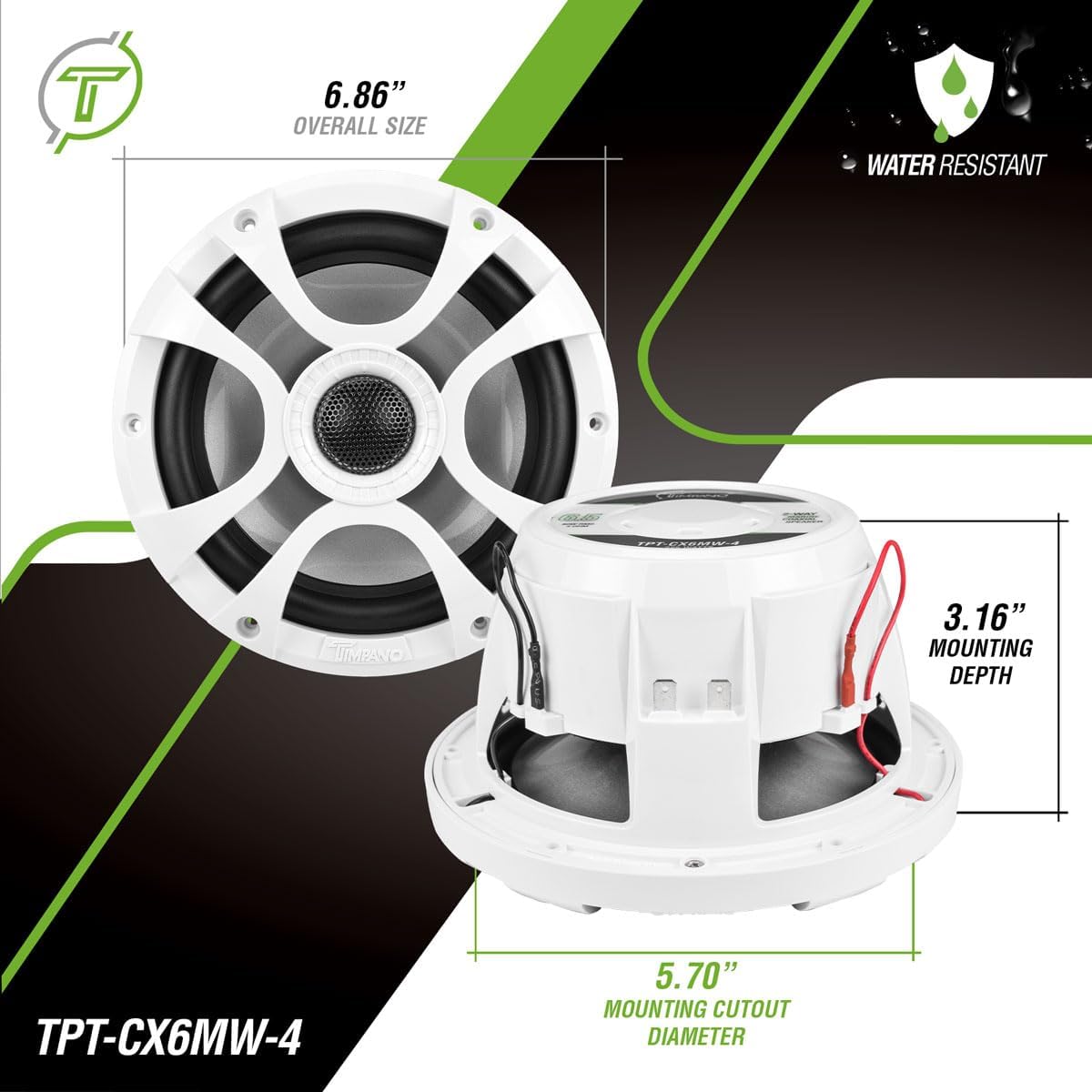 Timpano 6.5 Marine Speakers 450 Watt Per Pair TPT-CX6MW-4 Coaxial 2 Way Waterproof Speakers, 1 Pair, White, Weather Resistant Marine Speakers 6.5 Inch for Boat, ATV or RV Speakers, Bocinas Marinas
