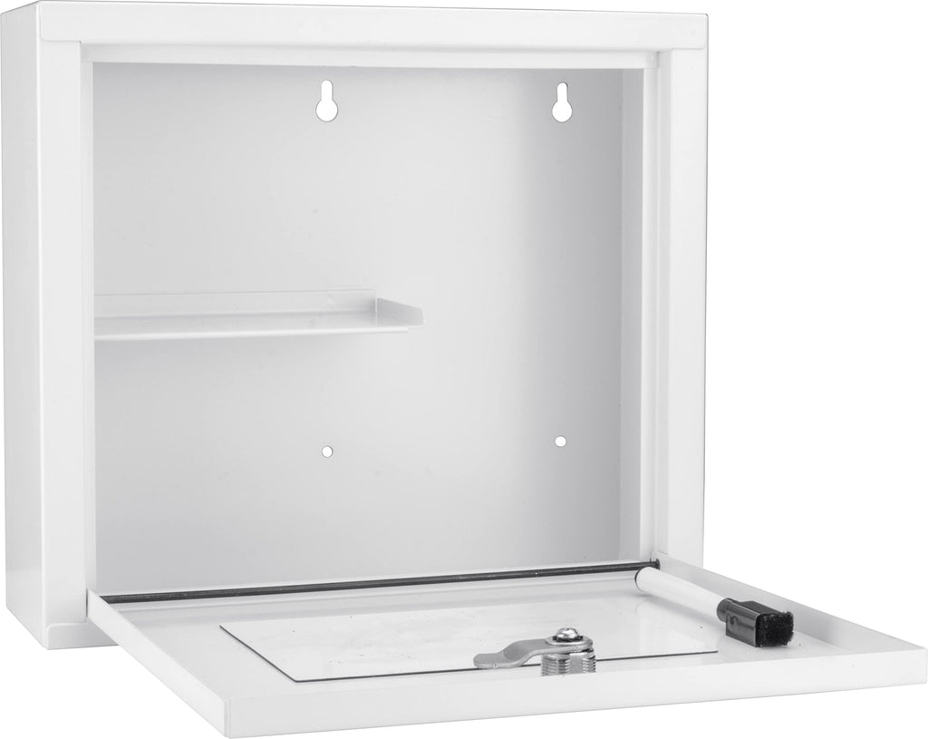 Barska Large Medical Cabinet â Locking Steel Medicine Storage Box with Shelves, Drop-Down Tray, Magnetic Dry Erase Pad, and Wall Mounting Holes - medicine cabinet organizer - Lock Box First Aid