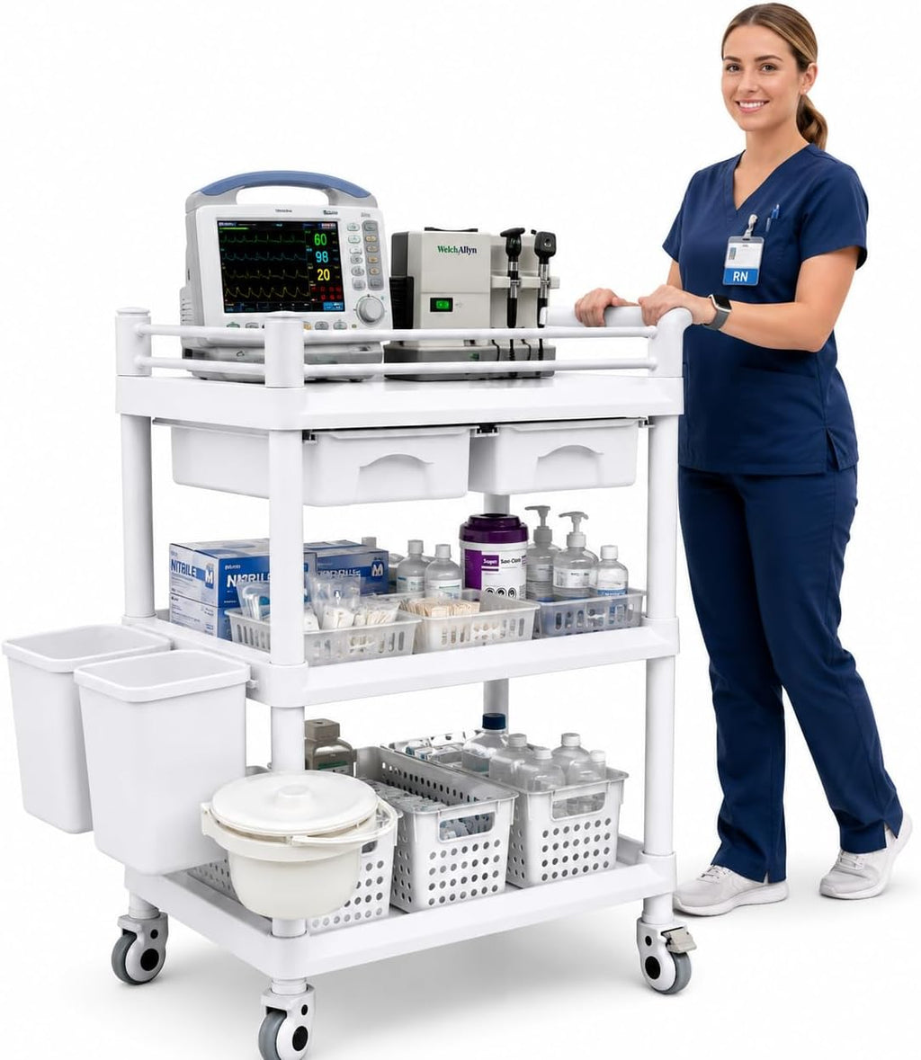 18 x 25 x 40 in Mobile Medical Cart, 3 Tier Professional Utility Cart, 600 LBS ABS Rolling Crash Cart, 2 Drawers, Dirt Bucket, Sharps Box, Storage Basket, 360Â° Wheels for Hospital Dental Clinic
