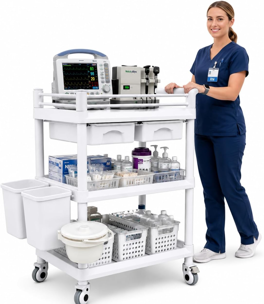 18 x 25 x 40 in Mobile Medical Cart, 3 Tier Professional Utility Cart, 600 LBS ABS Rolling Crash Cart, 2 Drawers, Dirt Bucket, Sharps Box, Storage Basket, 360Â° Wheels for Hospital Dental Clinic