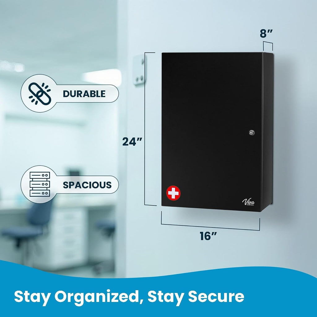 Vivacomfort Large Black Double Door Narcotics Cabinet, Locking Medicine Cabinet, 24â H x 16â W x 8â D