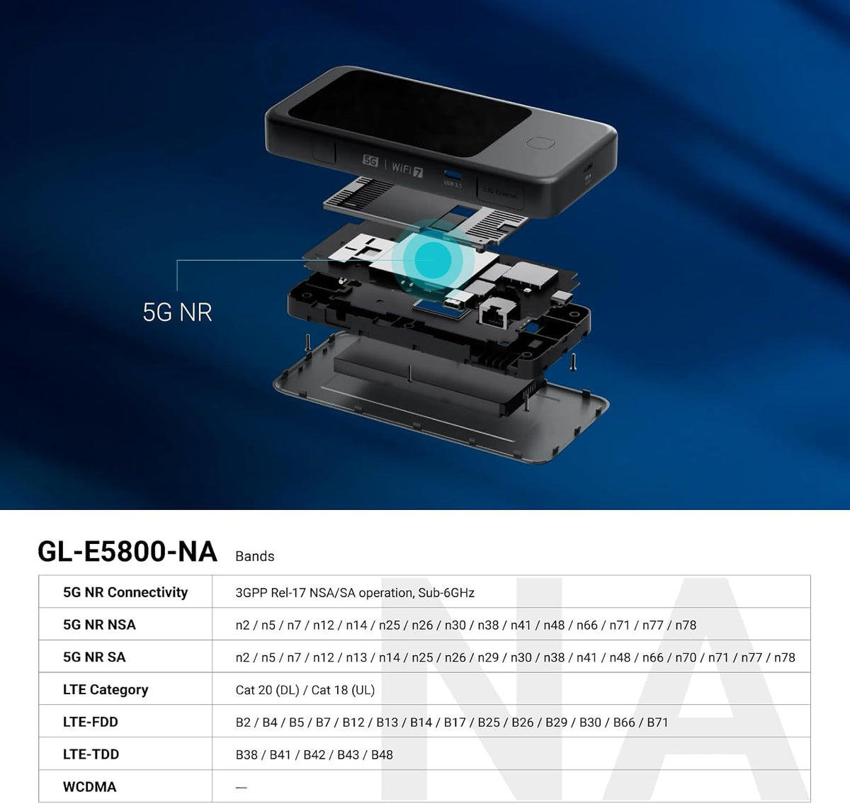 GL.iNet GL-E5800 NA MUDI 7 5G Tri-Band Wi-Fi 7 Travel Router with eSIM