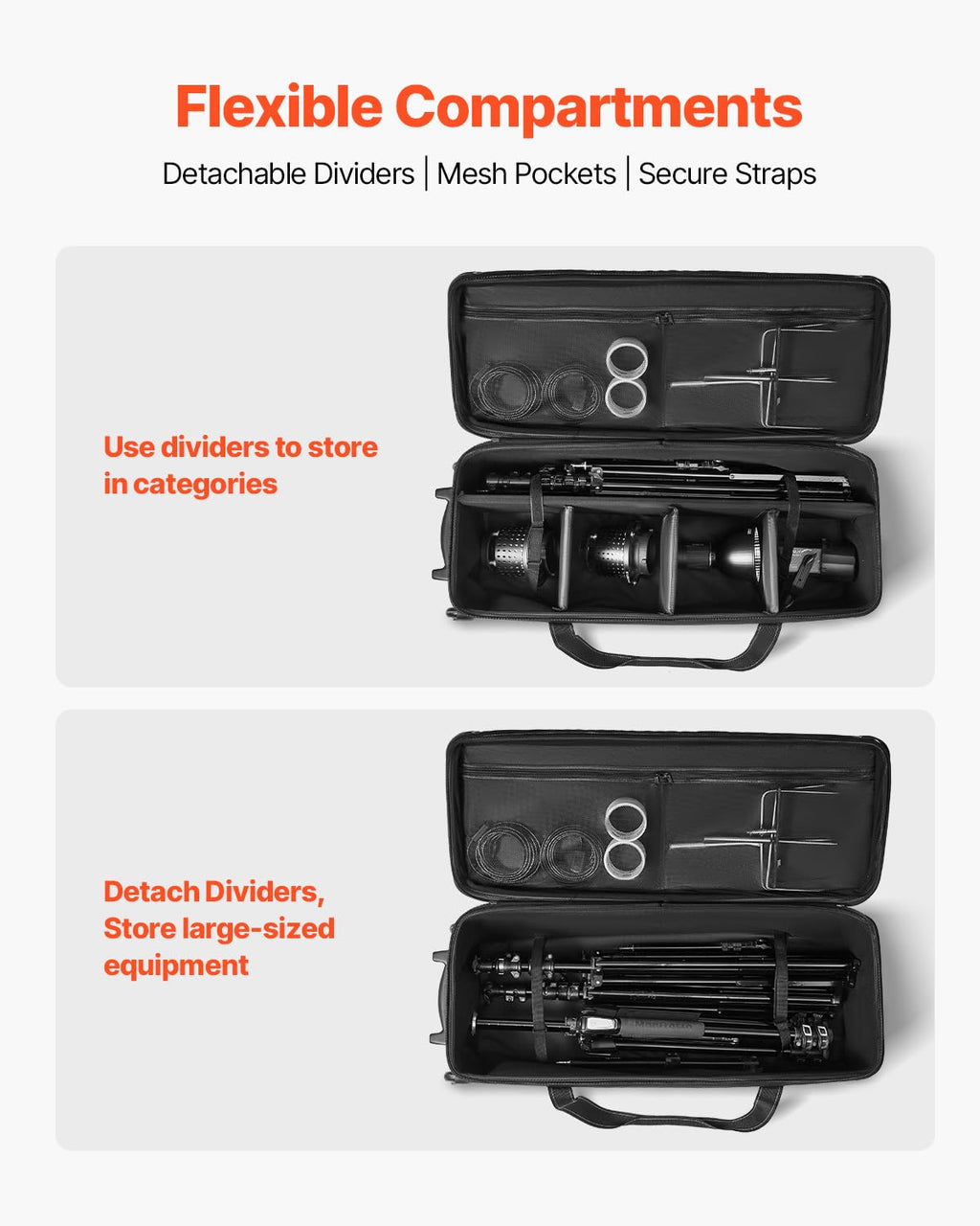 VEVOR Studio Equipment Trolley Case, 35.83 x 11.81 x 14 in / 91 x 30 x 35.5 cm, Rolling Camera Bag, Carrying Bag with Wheels Straps Padded Compartment Handle, for Light Stands, Tripods, Telescopes