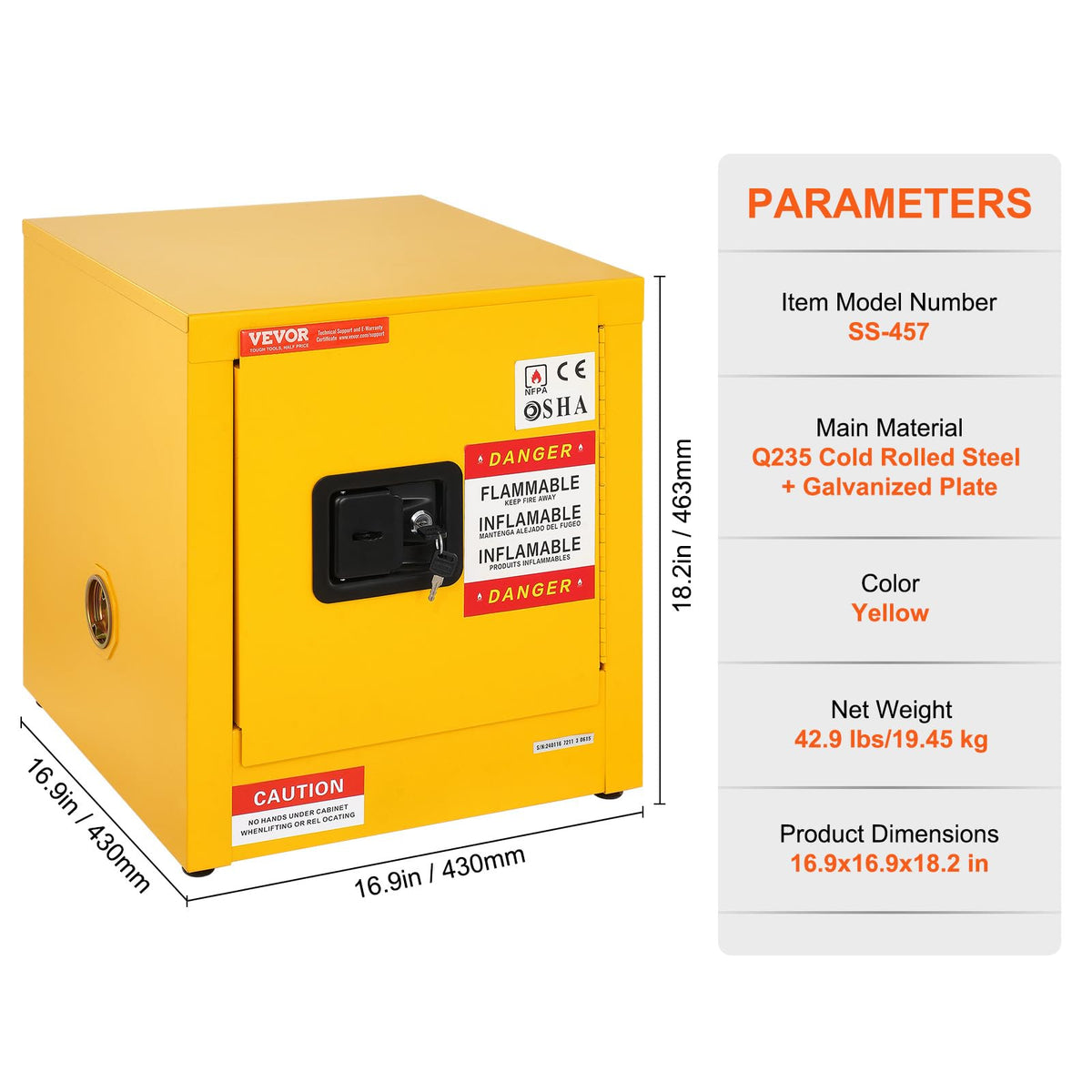 VEVOR Flammable Cabinet, 18" x 18" x 35", Yellow